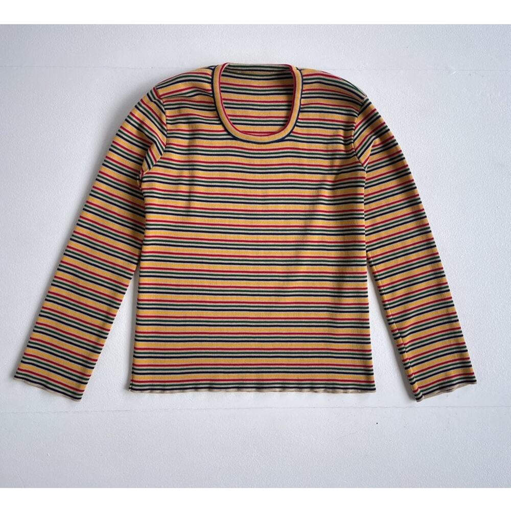 Vtg 70s Colorful Striped Knit Long Sleeve Shirt / Womens / Sz M / Stretchy Poly